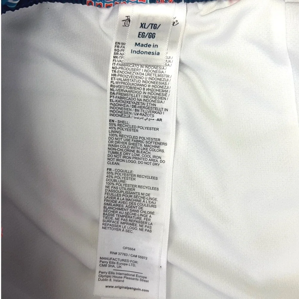 ORIGINAL PENGUIN Men's XL Swim Trunks Postcard Motel Print Blue Beach Shorts NWT